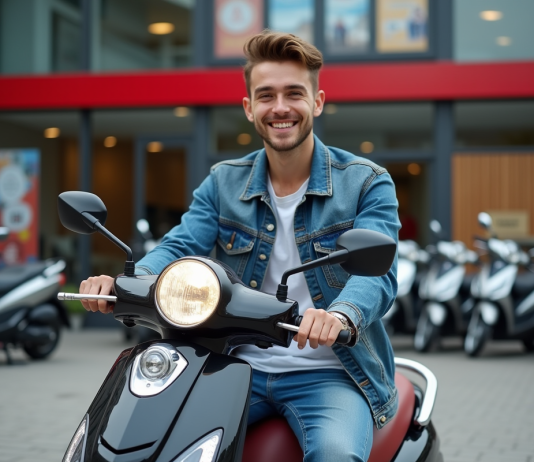 Guide d’achat : trouvez votre scooter 50 cm³ neuf à prix avantageux Jeune homme souriant avec scooter en ville