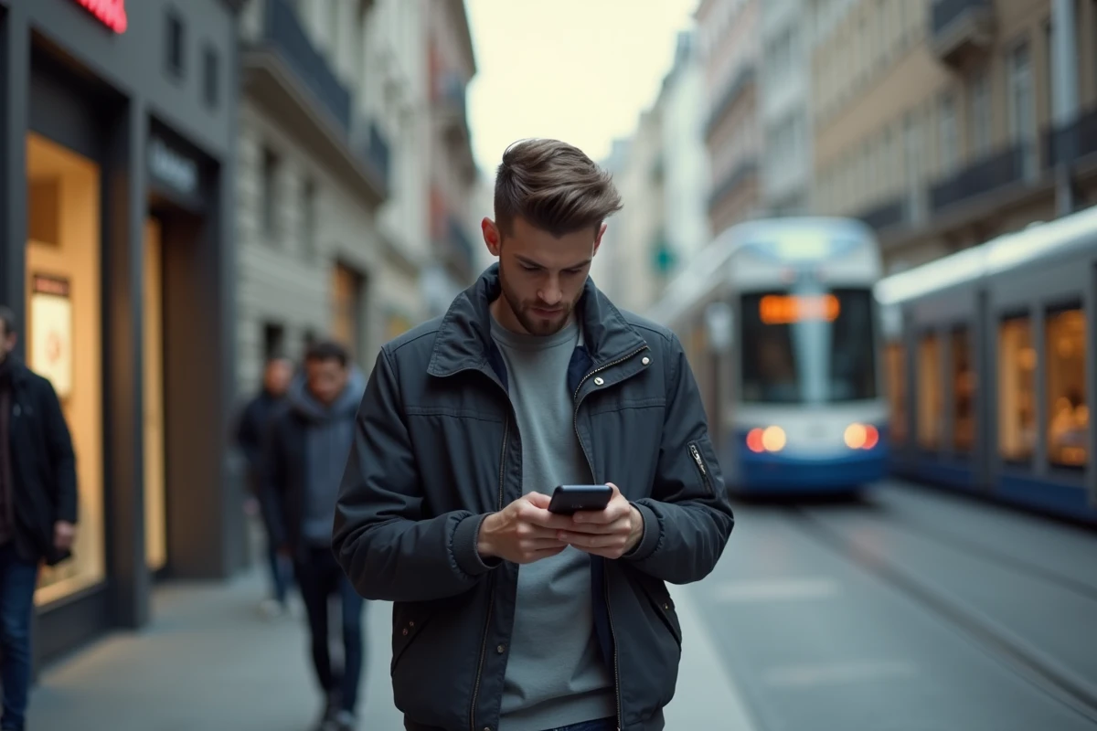 Jeune homme regardant son smartphone dans la rue urbaine