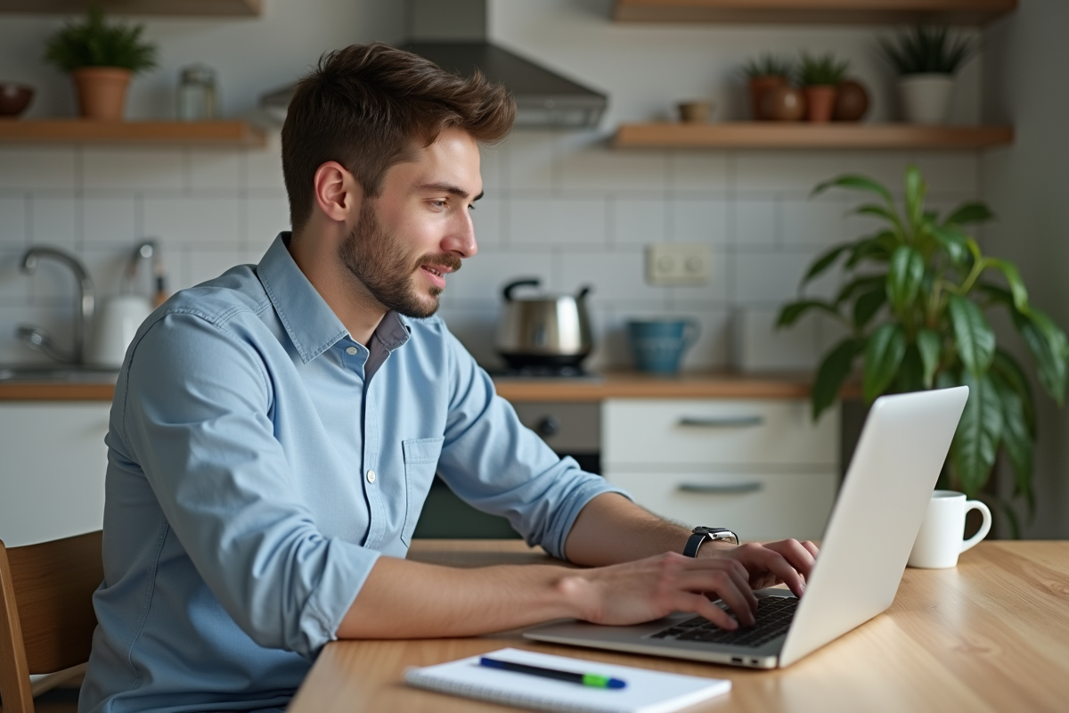 Jeune homme en visioconference dans une cuisine moderne