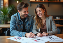 Collaborations de marques : la popularité expliquée en 2025 ! Deux jeunes adultes mode assis au cafe examine des croquis