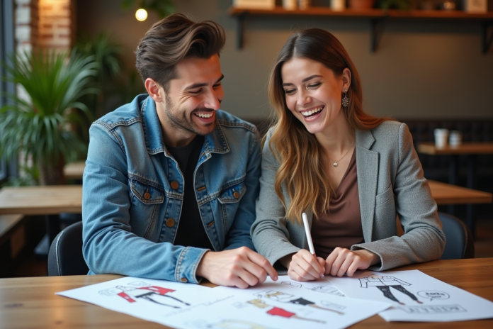 jeunes-adultes-cafe-mode Deux jeunes adultes mode assis au cafe examine des croquis