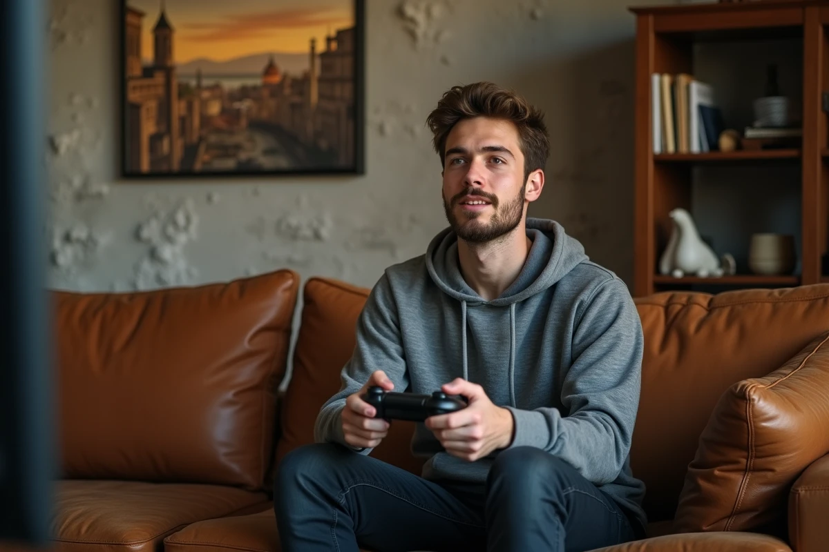 Joueur nostalgique tenant une manette dans un salon décoré de références à Assassin's Creed et Ezio Auditore