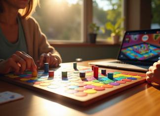 Comment maîtriser le jeu Azul en ligne : guide exhaustif pour novices Deux personnes jouent à Azul sur une table en bois ensoleillée