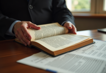 Main de juge tenant le code civil français ouvert avec article 1101