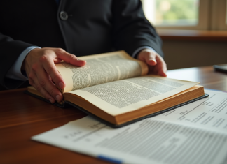 Main de juge tenant le code civil français ouvert avec article 1101
