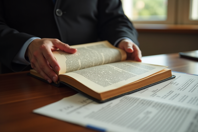 Main de juge tenant le code civil français ouvert avec article 1101