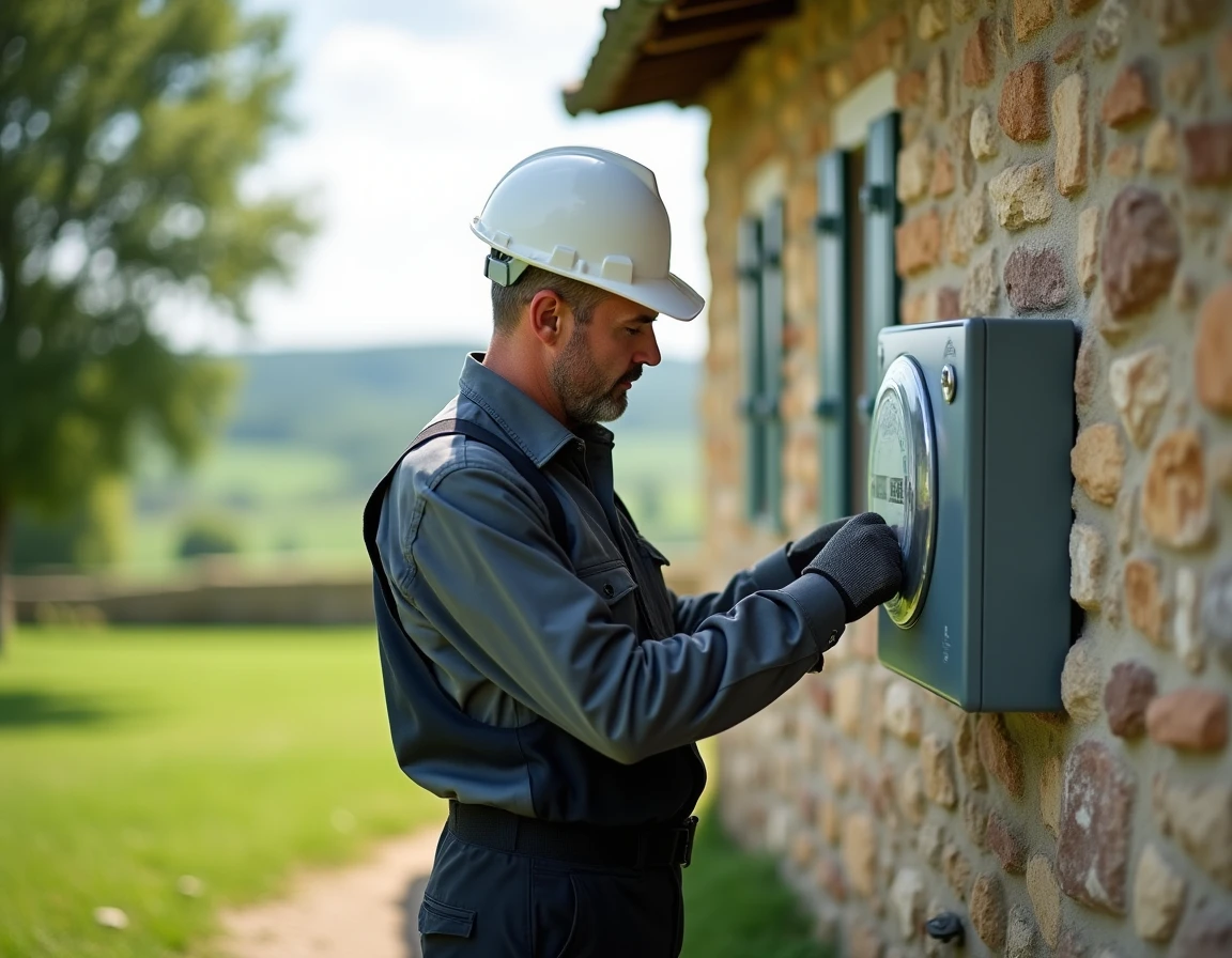Électricien Lafon Electricite inspectant un compteur électrique extérieur sur une maison en pierre en Corrèze