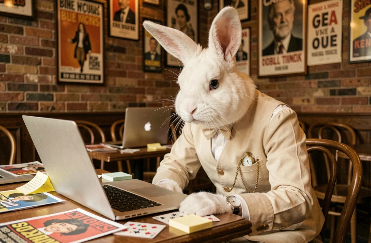 Personnage en costume de Lapin Blanc d'Alice au Pays des Merveilles assis dans un café parisien entouré de mèmes imprimés et d'ordinateurs portables