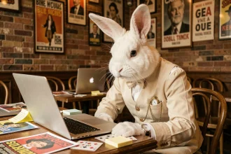 Personnage en costume de Lapin Blanc d'Alice au Pays des Merveilles assis dans un café parisien entouré de mèmes imprimés et d'ordinateurs portables
