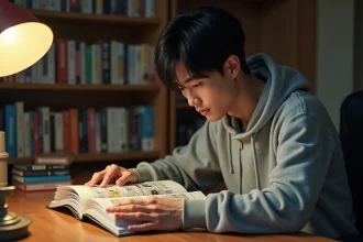 Jeune homme lisant un manga One Piece à son bureau, entouré de volumes de mangas en fond de bibliothèque