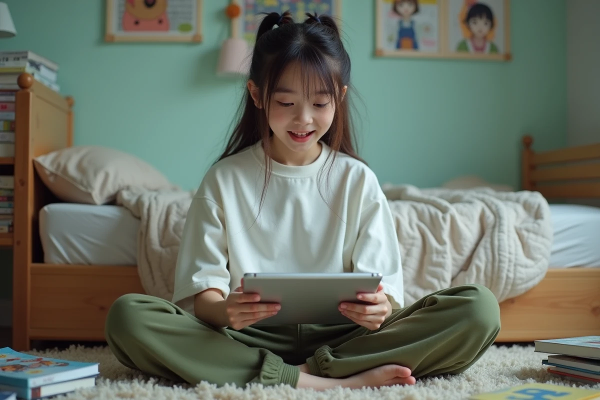 Adolescente lisant le scan One Piece en ligne sur une tablette dans sa chambre décorée d'affiches d'anime