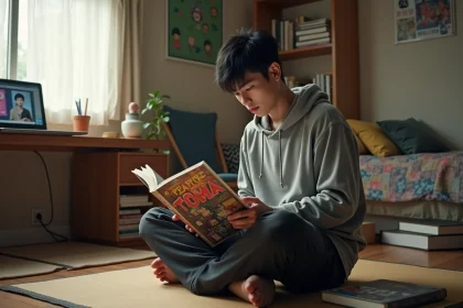 Jeune homme lisant un tome de manga posé sur ses genoux entouré d'autres volumes et d'un ordinateur portable avec un anime en pause, dans une chambre de style japonais