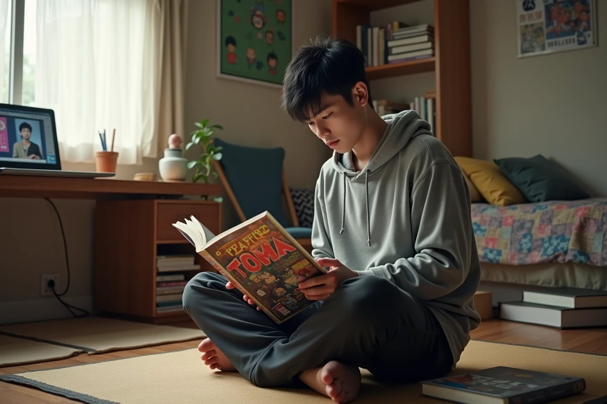 Jeune homme lisant un tome de manga posé sur ses genoux entouré d'autres volumes et d'un ordinateur portable avec un anime en pause, dans une chambre de style japonais
