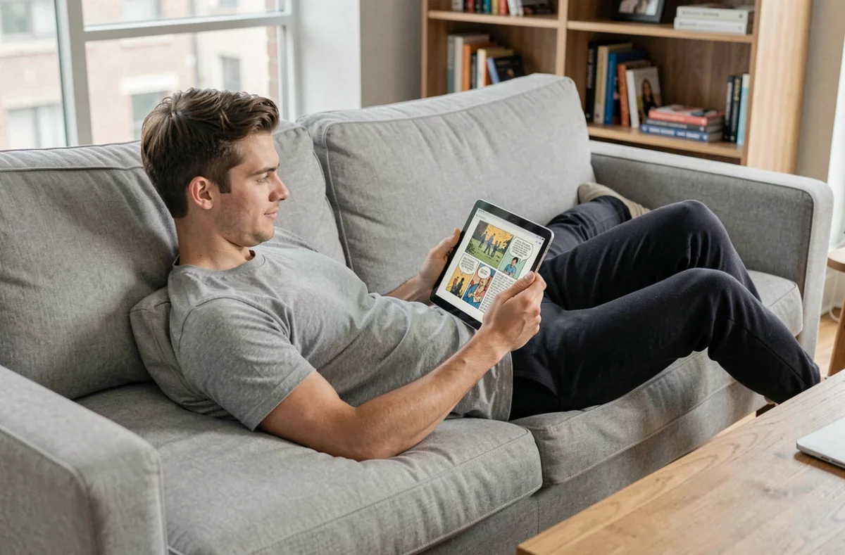 Jeune homme lisant un scan sur tablette allongé sur un canapé gris dans un appartement moderne