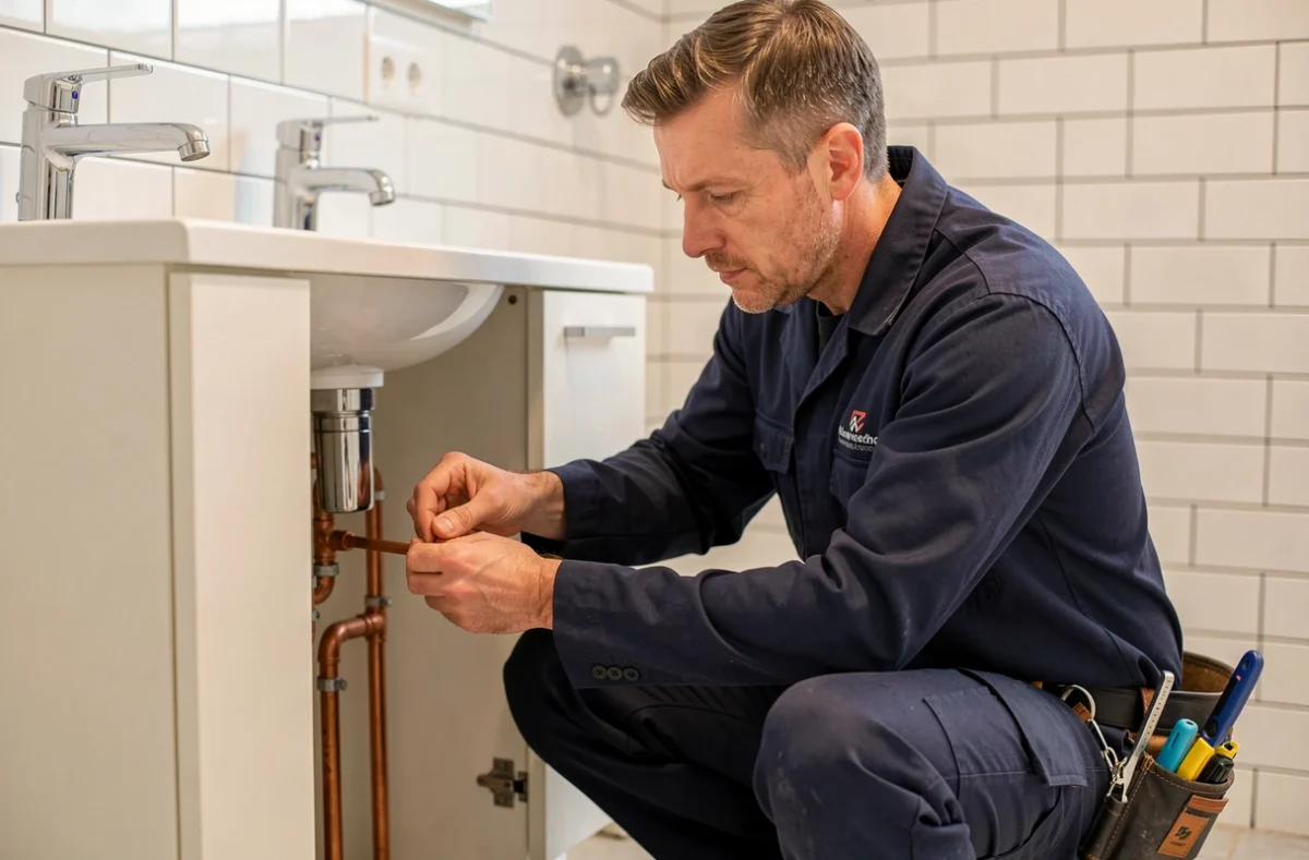 Plombier polyvalent certifié inspectant des connexions de tuyaux en cuivre dans une salle de bain