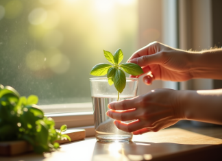 Deux mains déposent délicatement un basilic dans l'eau lumineuse