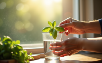 Comment réussir sa bouture de basilic en 5 étapes simples Deux mains déposent délicatement un basilic dans l'eau lumineuse