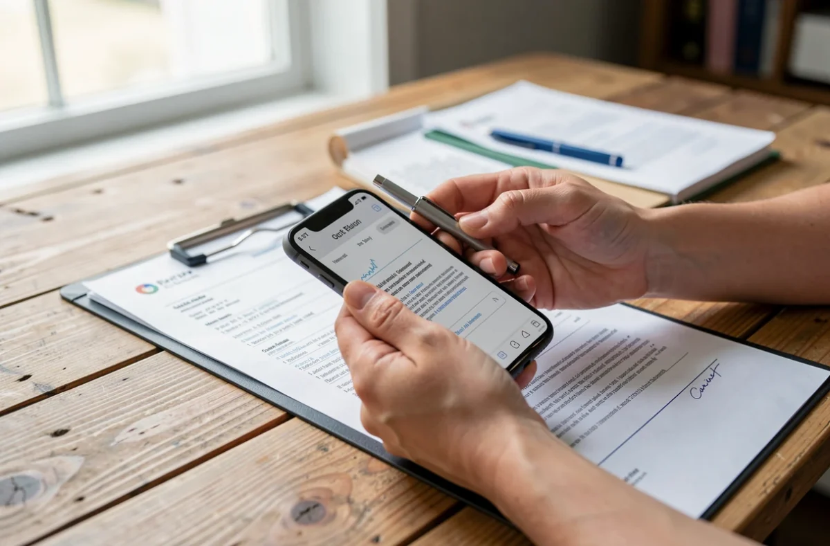 Mains tenant un téléphone et un dossier de documents sur une table
