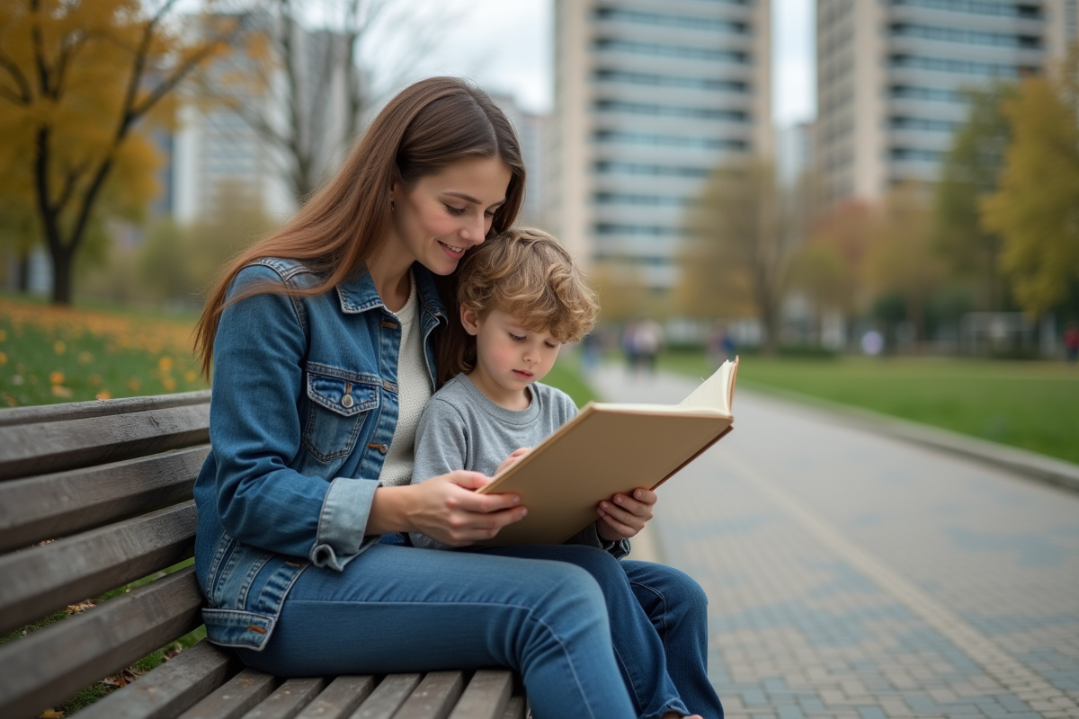 Mère et enfant partageant un moment dans un parc urbain