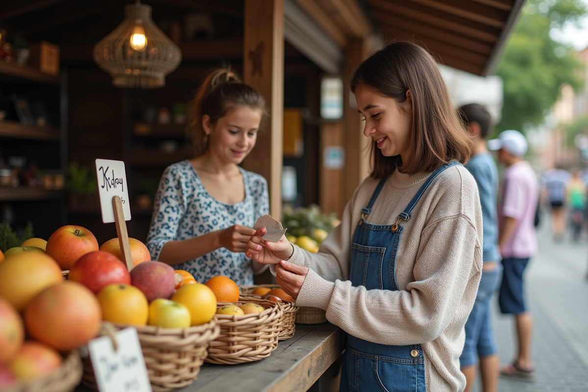 Maman et fille comptant de la monnaie au marché