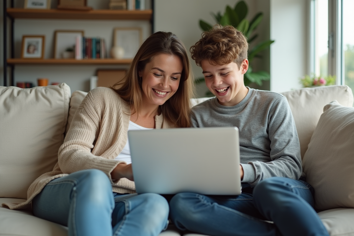 Mère et fils mettant à jour un calendrier numérique