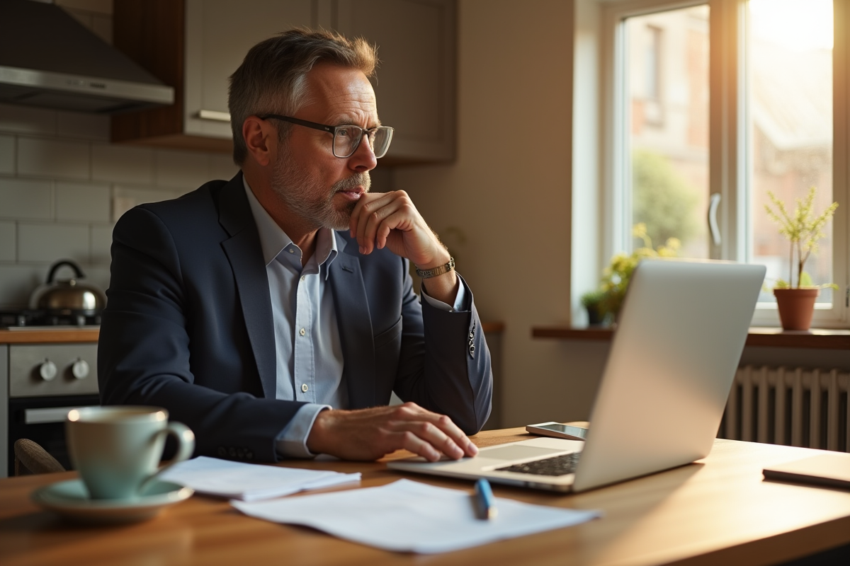 Manager au petit matin travaillant à la maison avec café et documents