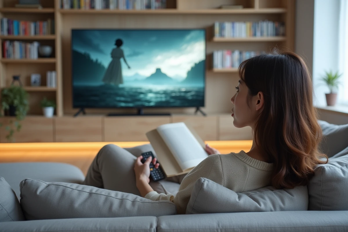 Jeune femme allongée sur un canapé tenant un manga et une télécommande face à un téléviseur affichant un anime dans un salon minimaliste scandinave