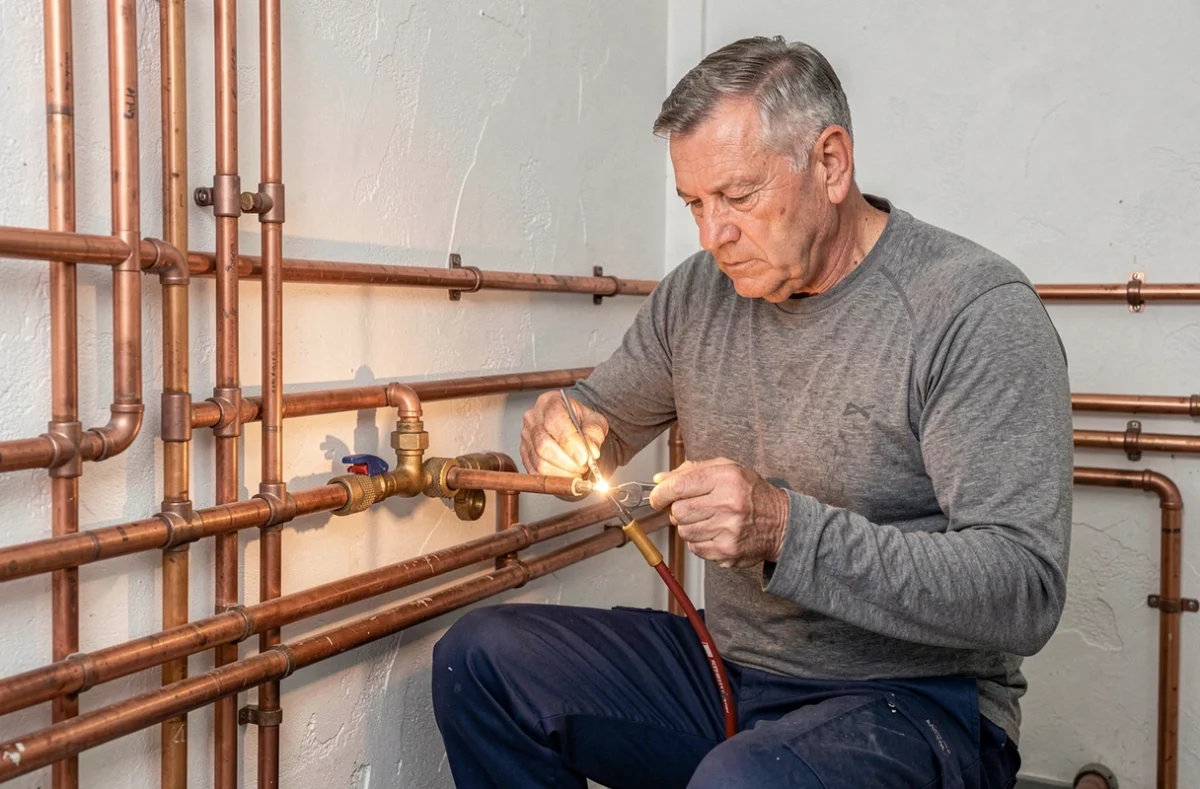 Plombier avec vingt ans d'expérience soudant des joints en cuivre dans un local technique à Lille