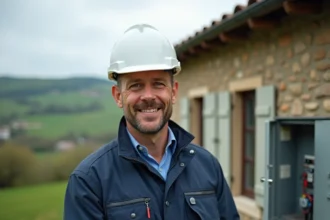 Électricien professionnel en Corrèze devant une maison en pierre avec paysage de campagne verdoyante