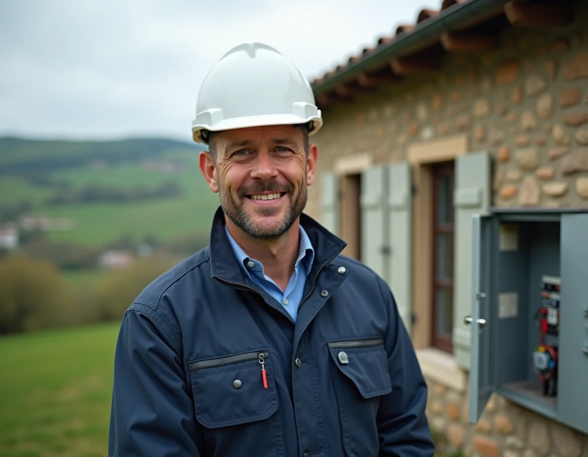 Électricien professionnel en Corrèze devant une maison en pierre avec paysage de campagne verdoyante