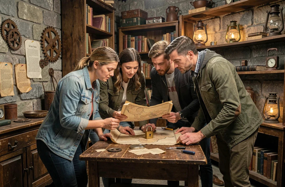 Groupe d'adultes explorant une salle d'escape game avec des énigmes et des accessoires mystérieux dans l'Oise