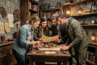 Groupe d'adultes explorant une salle d'escape game avec des énigmes et des accessoires mystérieux dans l'Oise