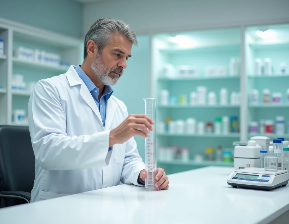 Pharmacien tenant un cylindre gradué pour mesurer des millilitres avec précision