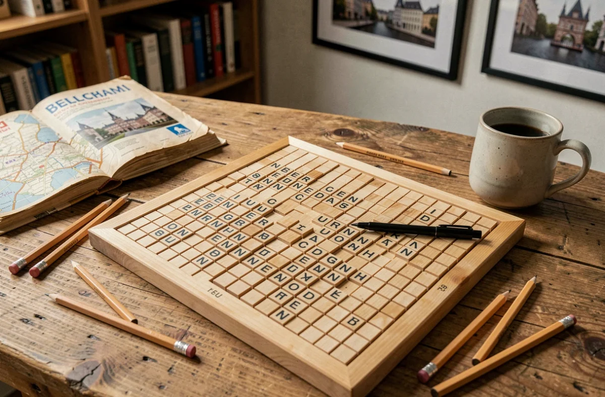 Grille de mots croisés avec une ville belge de 4 lettres entourée d'un guide touristique belge