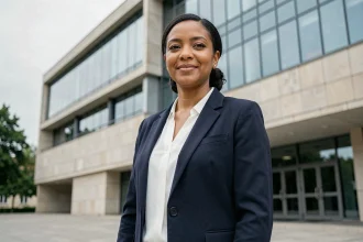 Portrait professionnel d'une femme politique d'origine marocaine devant un bâtiment institutionnel moderne