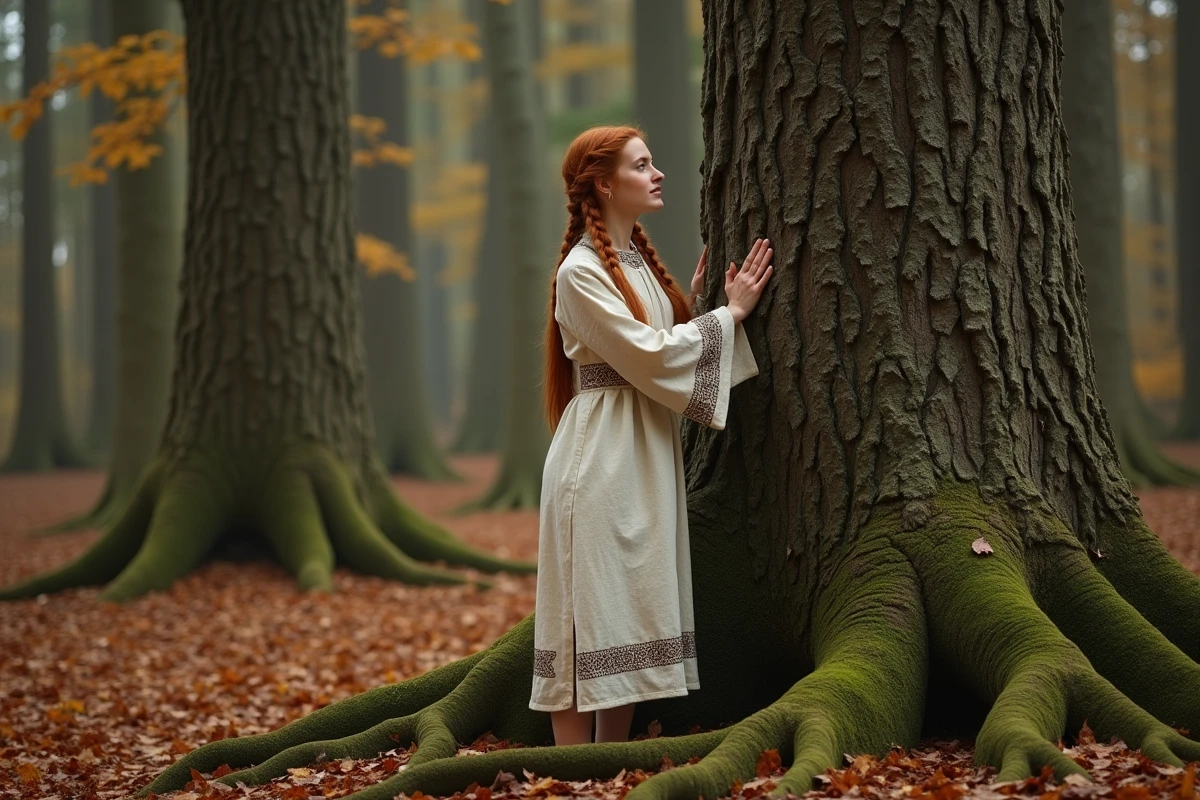 Femme en tenue traditionnelle nordique méditant contre un grand hêtre en forêt automnale, pratique néopaïenne inspirée du culte de l'Yggdrasil