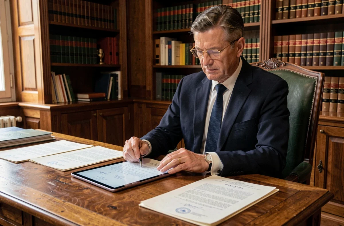 Notaire en costume sombre examinant des documents officiels sur un bureau en chêne dans un office notarial mêlant tradition et modernité numérique
