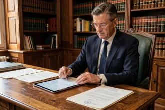Notaire en costume sombre examinant des documents officiels sur un bureau en chêne dans un office notarial mêlant tradition et modernité numérique