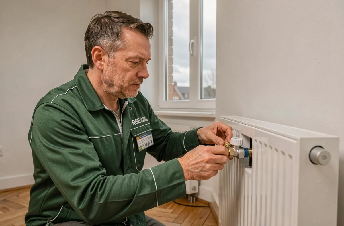 Artisan plombier certifié RGE installant une vanne thermostatique sur un radiateur à Lille