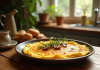 Omelette dorée aux chanterelles fraîches sur une table en bois