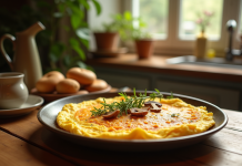Omelette dorée aux chanterelles fraîches sur une table en bois