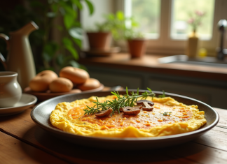 Omelette dorée aux chanterelles fraîches sur une table en bois