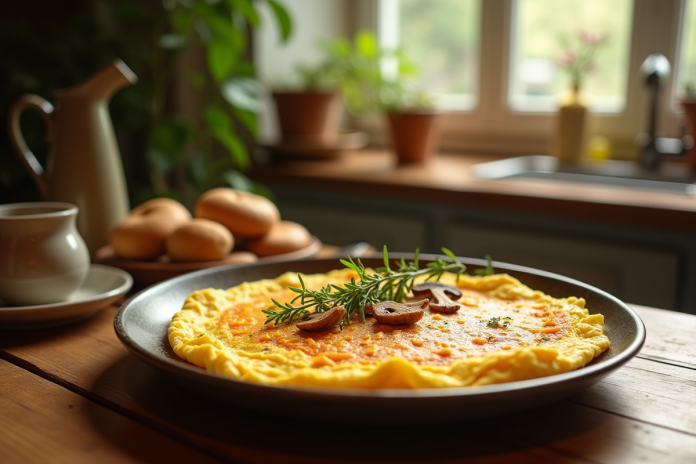 Omelette dorée aux chanterelles fraîches sur une table en bois