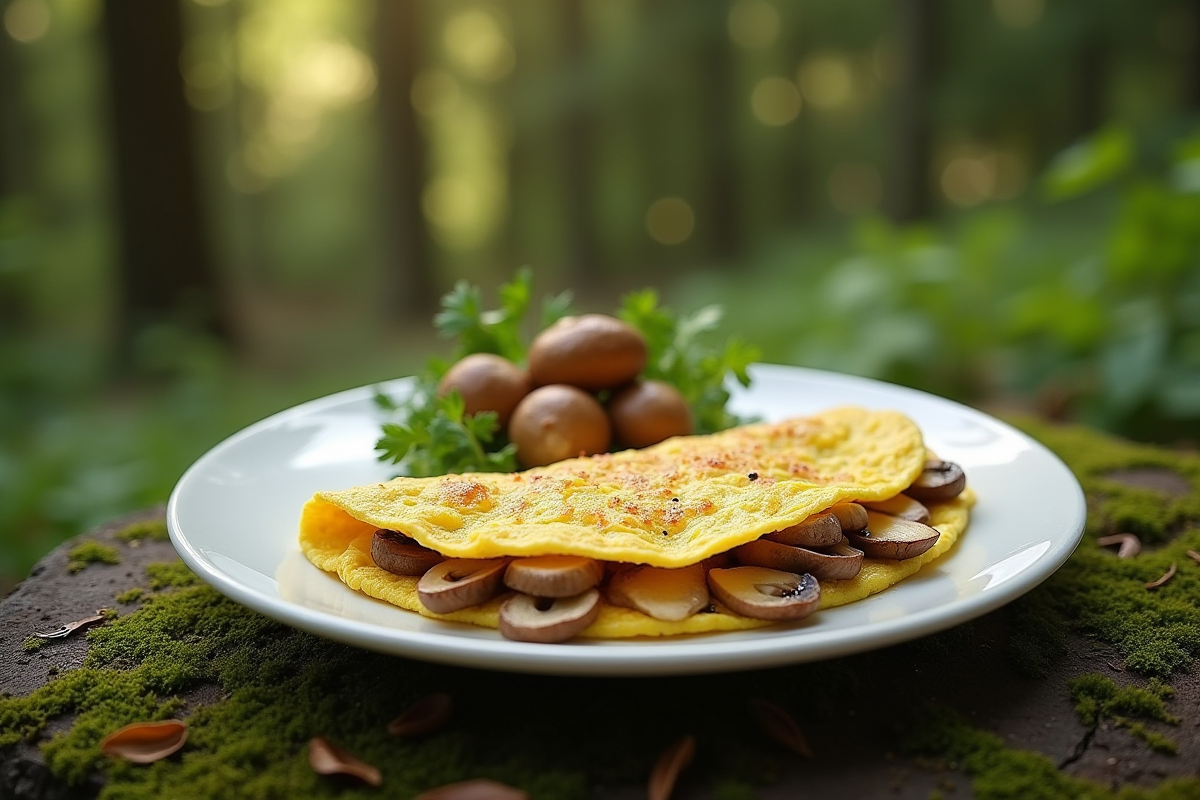 Omelette aux girolles sur une assiette en plein air dans la forêt