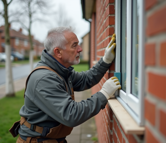Ouvrier pose isolation façade maison résidentielle