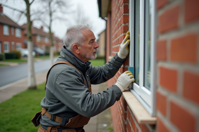 Ouvrier pose isolation façade maison résidentielle