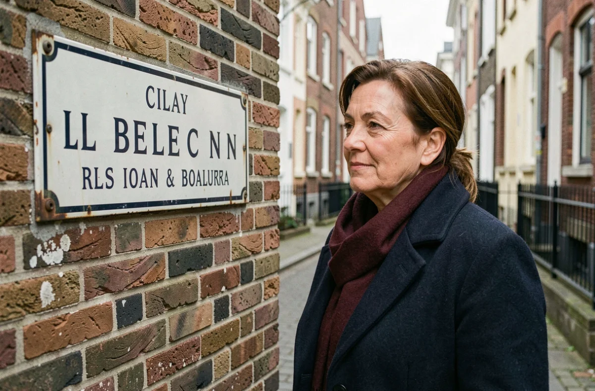 Femme belge devant un panneau de ville à 4 lettres dans une rue typique de Belgique