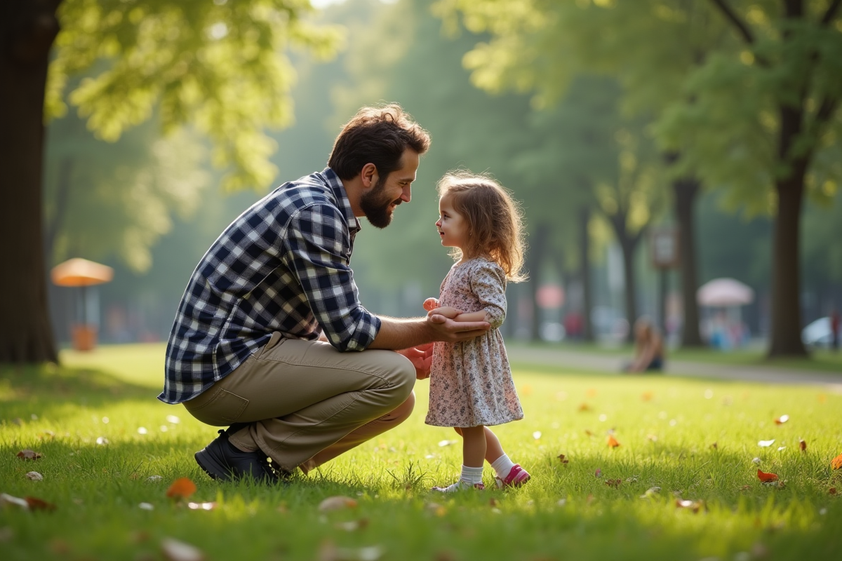 Père et fille discutent dans un parc verdoyant