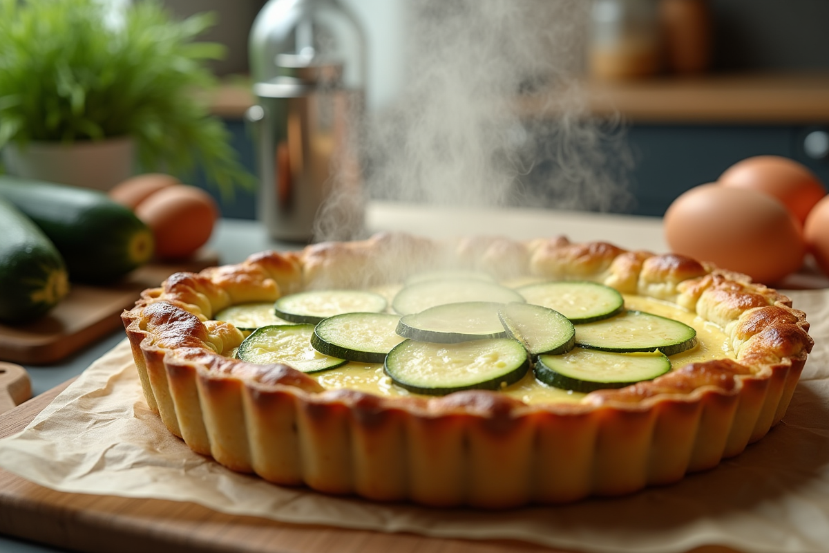 Gros plan sur la tarte courgette chèvre dans une cuisine lumineuse