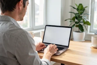 Personne remplissant une démarche administrative sur ordinateur portable